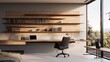 A sleek and minimalistic home office with a floating desk, wall-mounted shelves, and a leather swivel chair, designed for focused productivity and creativity