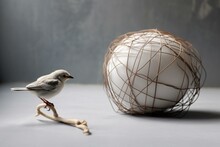 A Wire Bird Perched On A White Floor Near A Wire Ball Attached To A Wire String Fence, With Another Wire Ball Next To Its Head. Generative AI