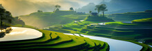 High Panoramic View Of Beautiful Green Rice Paddy Fields In Asia. Stunning Travel Background