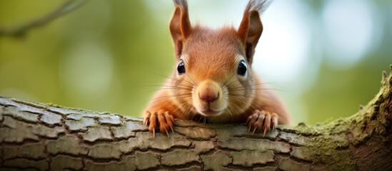 Poster - Red brown squirrel on tree branch looking at camera