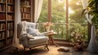 A sun-drenched reading corner with a plush armchair, a floor-to-ceiling bookshelf, and a cascading sheer curtain, offering an inviting space for literary escape