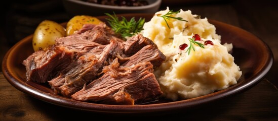 Wall Mural - Boiled beef potatoes and horseradish photographed on brown background