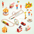 amusement park attractions visitors isometric icons set isolated white 3d