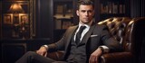 Fototapeta  - Luxury mens fashion Brunet man in classic suit relaxes in fancy apartment