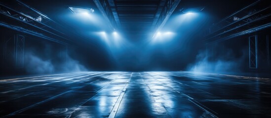 Wall Mural - The stage displays a dark scene with neon lights spotlights and a smoky interior for showcasing products