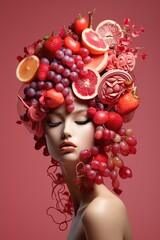 A woman with a fruit and berry composition on her head against a pink background. Vertical format.