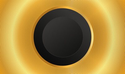 Vector black abstract round paper cut luxury frame on Golden concentric circles pattern background. Concentric circle shapes. 3d backdrop. Futuristic sound wave effect. Elegant cover template. Vector