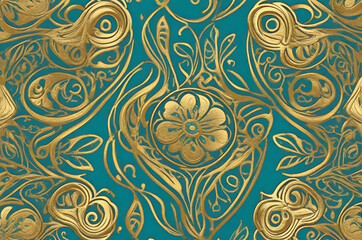  abstract Gold and turquoise flower pattern