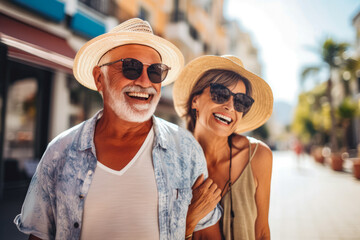 Wall Mural - Beautiful happy senior couple smiling and having fun together on vacation, spending quality time together, summer sunny day