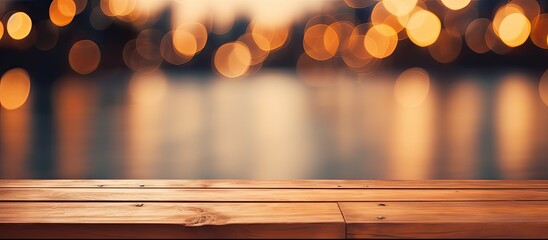 Rustic festivity. Abstract bokeh lights on empty wooden table nighttime celebration. Gleaming ambiance. Abstract light on vintage festive mood