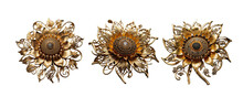 3 Old Fashioned Sunflower Brooch Made Of Gold With Intricate Design Set Against A Transparent Background