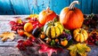 Pumpkin and autumn leaves on wooden table Thanksgiving Day