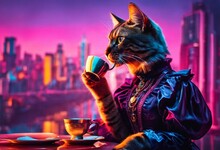 An AI Illustration Of A Cat In An Old Fashioned Costume Drinking From A Coffee Cup