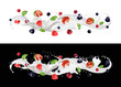 Milk cream or yoghurt drink wave splash with berries and green leaves. Realistic yogurt drink flow. 3d vector dairy cocktail, white liquid stream with strawberry, blueberry, cranberry and raspberry