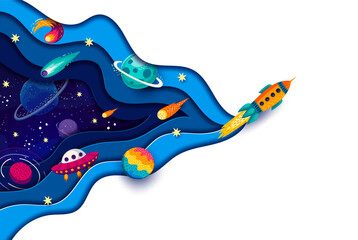 Poster - Cartoon paper cut space poster with rocket launch, galaxy planets and stars vector landscape. Rocket taking off to alien space planets with smoke and fire of 3d papercut layers, UFO, comets and stars