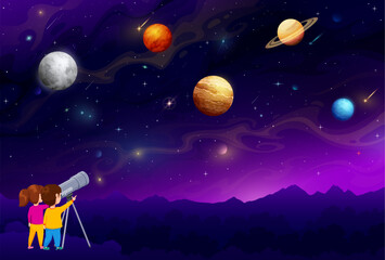 Wall Mural - boy and girl kids looking in telescope at night sky to space planets and galaxy sky, vector backgrou