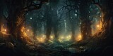 Fototapeta Las - nchanted Enigma of the Forest: An enigmatic representation of a magical forest with misty, glowing pathways, mysterious trees, and soft earthy tones, invoking a sense of enchantment and mystery 