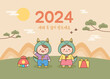 Cute children wearing traditional Korean clothing, Hanbok, and dinosaur hats. Traditional background. Mountains, pine branches and full moon. New Year card.