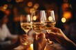 © Dusit - close up hands friends toasting white wine at dinner party in restaurant. Generative AI.