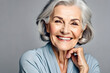 a relastic Beautiful gorgeous 50s mid age beautiful elderly senior model woman with grey hair lightly smiling. Mature old lady close up portrait. Healthy face skin care beauty, Generative AI