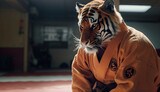 tiger wearing a gi in a dojo