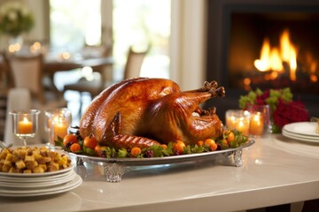 A classic Thanksgiving with turkey, stuffing, Festive table for Thanksgiving Holiday