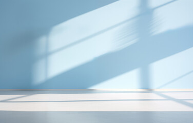 Poster - Empty room with blue wall, white floor and sunlight from the window background. High quality photo