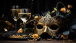 Festival Glass of Wine with Masquerade Mask, Decorated with Streamers, on Glittery Table