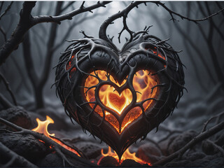 Wall Mural - a huge heart made of lava with fire inside against the backdrop of mysterious branches and forest. Generative AI