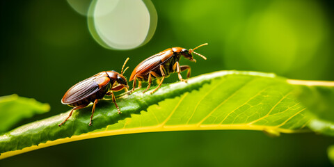 Two striking orange and black striped beetles close-up, delicately exploring a green leaf in sunlit nature. Ideal for nature and macro photography enthusiasts.