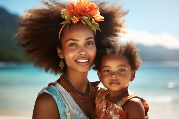 Wall Mural - Woman is seen holding child on beautiful beach. This image can be used to depict mother spending quality time with her child on sunny day at beach.