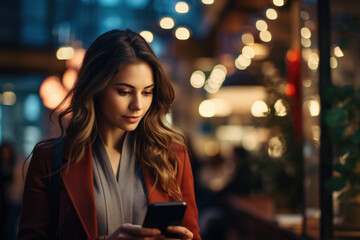 Wall Mural - Woman is seen focused on her cell phone. This image can be used to represent technology, communication, or modern lifestyle.