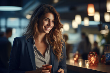 Poster - Professional woman in business suit holding cup of coffee. Suitable for corporate, office, and work-related themes.