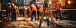 survey engineer in construction site use theodolite mark a concrete pile co ordinate