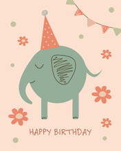 Vector Illustration Birthday Card Green Elephant Festive Garland And Birthday Cap On A Pink Background Baby Poster Congratulations Invitation