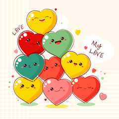 Sticker - Cute Valentine card in kawaii style. Many cute funny hearts with emoji faces. Inscription My Love. Can be used for t-shirt print, stickers, greeting card design. Vector illustration EPS8