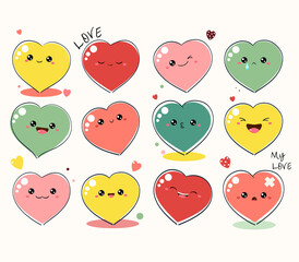 Sticker - Cute Valentine heart in kawaii style. Collection of heart-shaped emoticons with different mood. Set of cute funny hearts with emoji faces in different expressions. Vector illustration EPS8