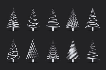 Wall Mural - Collection of hand drawn flat Christmas trees. Vector illustration.