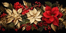 A Detailed View Of A Christmas Decoration Featuring Poinsettias And Berries. This Image Can Be Used To Enhance Holiday-themed Designs And Decorations.