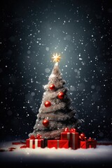 Poster - A festive Christmas tree surrounded by snow with presents underneath. Perfect for holiday-themed designs and greeting cards