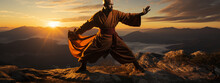 Bald Man In Traditional Clothes On Rock Pose And Meditating During Kung Fu Training In Mountain