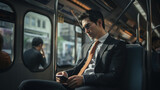 Fototapeta  - Bangkok, young businessman traveling by electric train inside view