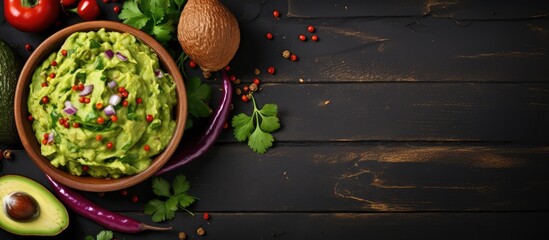 Canvas Print - Top view of guacamole on a wooden board with a gray background Mexican cuisine