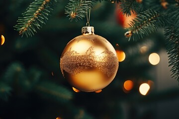 A golden Christmas ornament hangs gracefully from a Christmas tree. Perfect for adding a touch of elegance to holiday designs