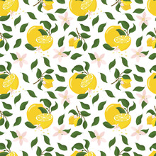 Summer Pattern With Lemon Branch, Lemon Flowers. Background With Citrus Fruits, Vector Illustration, Print. Suitable For Packaging Design, Textiles And Other Things.