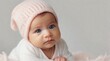 © Hifzhan Graphics - Cute newborn baby girl against white background with space for text, children background image, AI generated