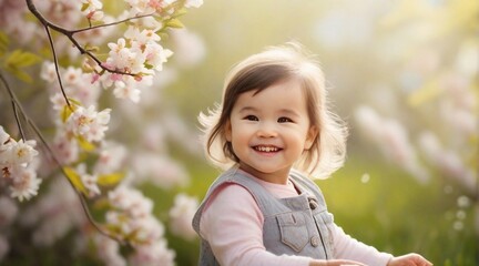 Wall Mural - Smiling toddler girl against spring ambience background with space for text, children background image, AI generated