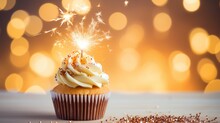 Delicious Cupcake With Sparkler On Festive Table With Blurred Lights Background With Copy Space For Text