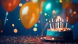 Colorful balloons and birthday cake with candles on a festive party background with copy space for text