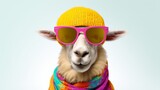 Fototapeta  - Sheep in summer party mood: funny portrait of a woolly animal with colorful hat and sunglasses on white background